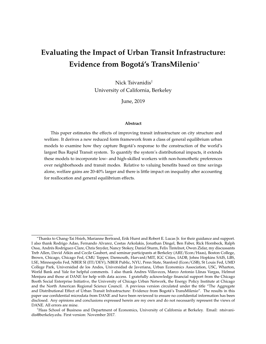 Evaluating the Impact of Urban Transit Infrastructure: Evidence from Bogotá’S Transmilenio∗