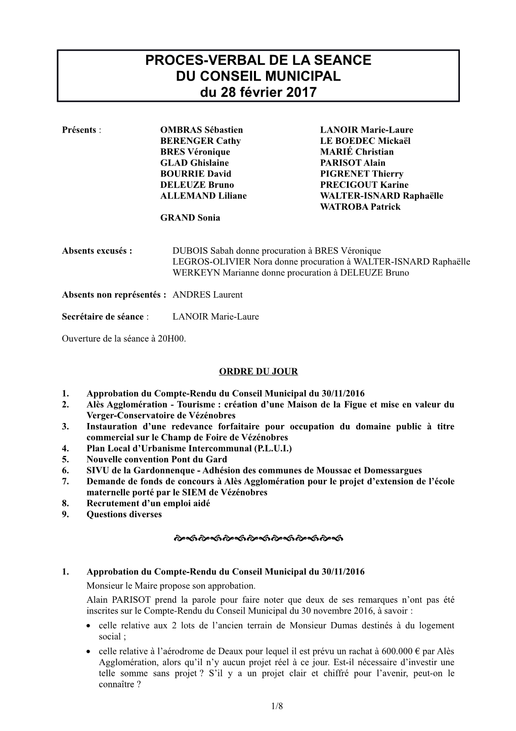 PROCES-VERBAL DE LA SEANCE DU CONSEIL MUNICIPAL Du 28 Février 2017