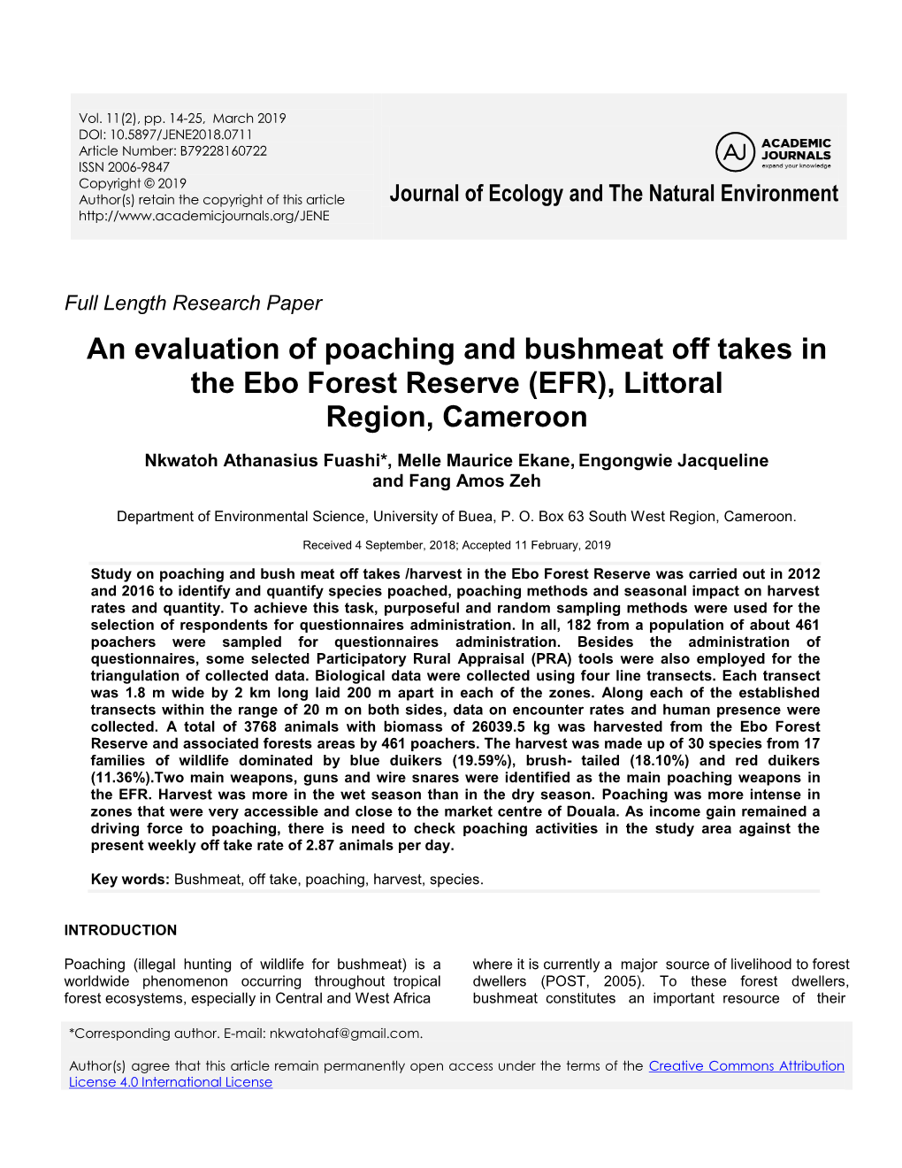 An Evaluation of Poaching and Bushmeat Off Takes in the Ebo Forest Reserve (EFR), Littoral Region, Cameroon