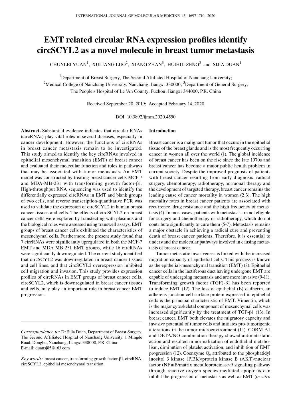 EMT Related Circular RNA Expression Profiles Identify Circscyl2 As a Novel Molecule in Breast Tumor Metastasis