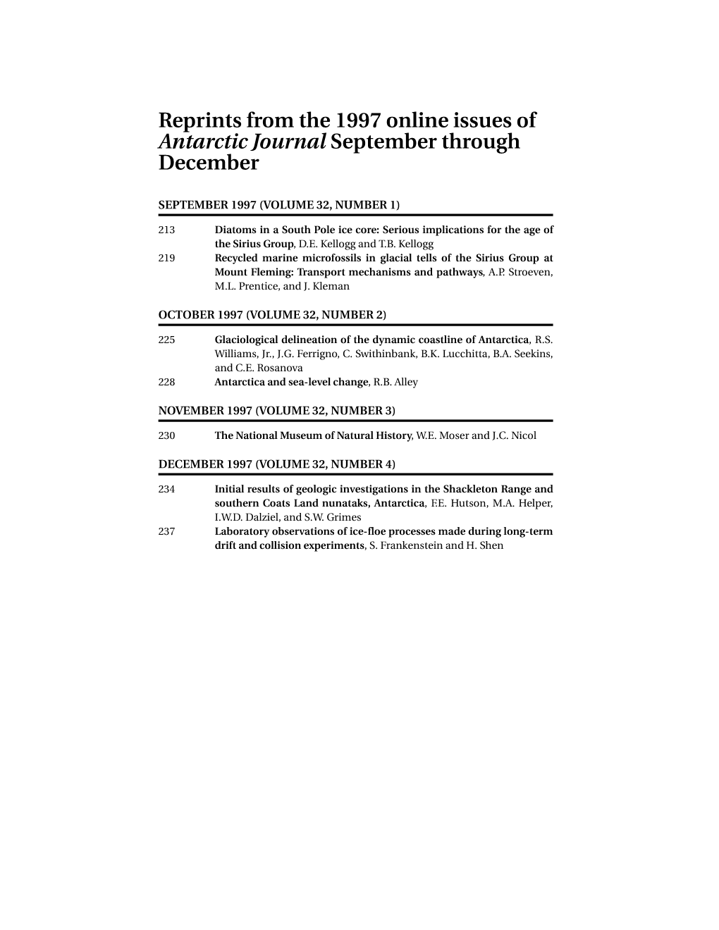 Reprints from the 1997 Online Issues of Antarctic Journal September Through December