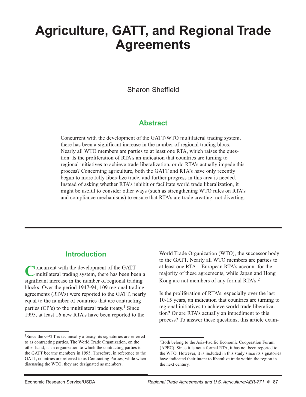 Agriculture, GATT, and Regional Trade Agreements