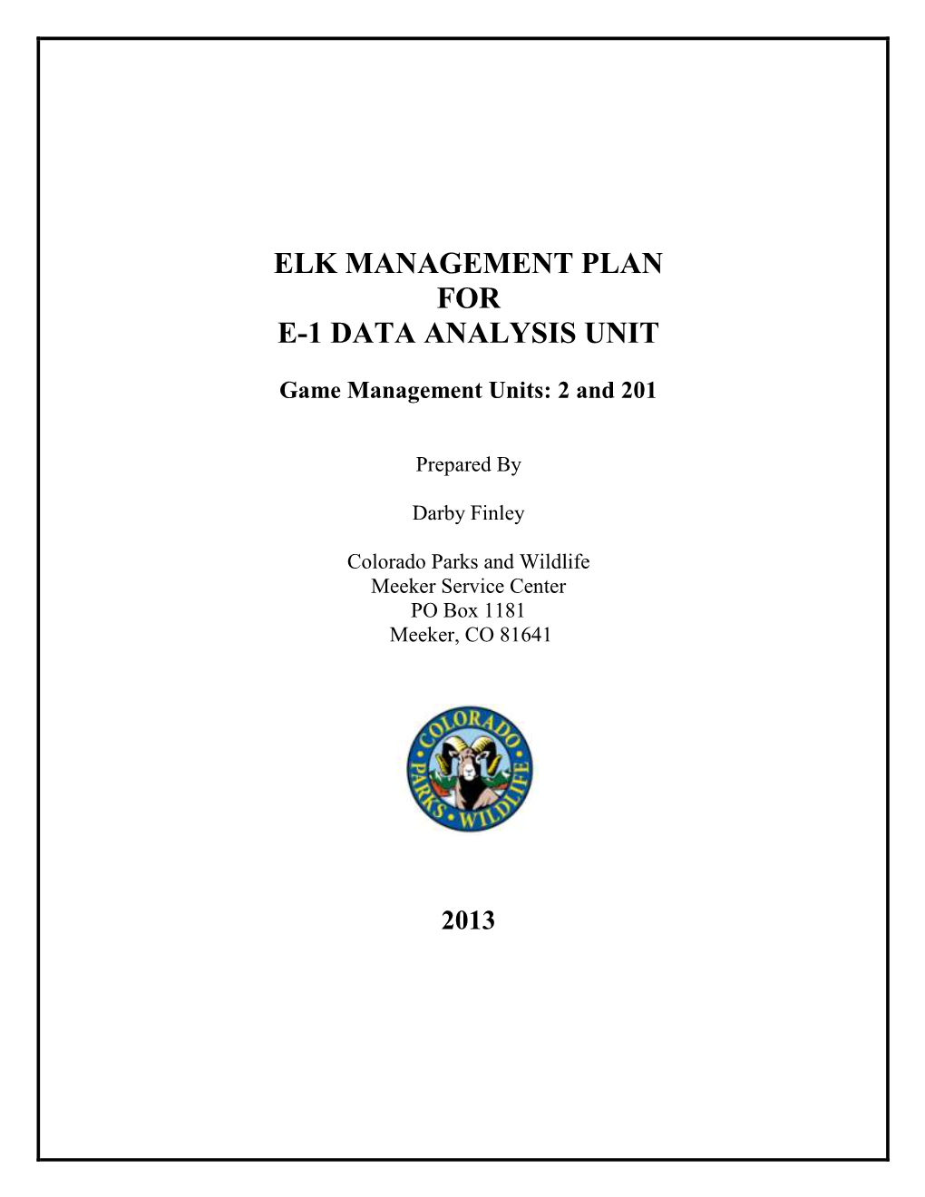 Elk Management Plan for E-1 Data Analysis Unit