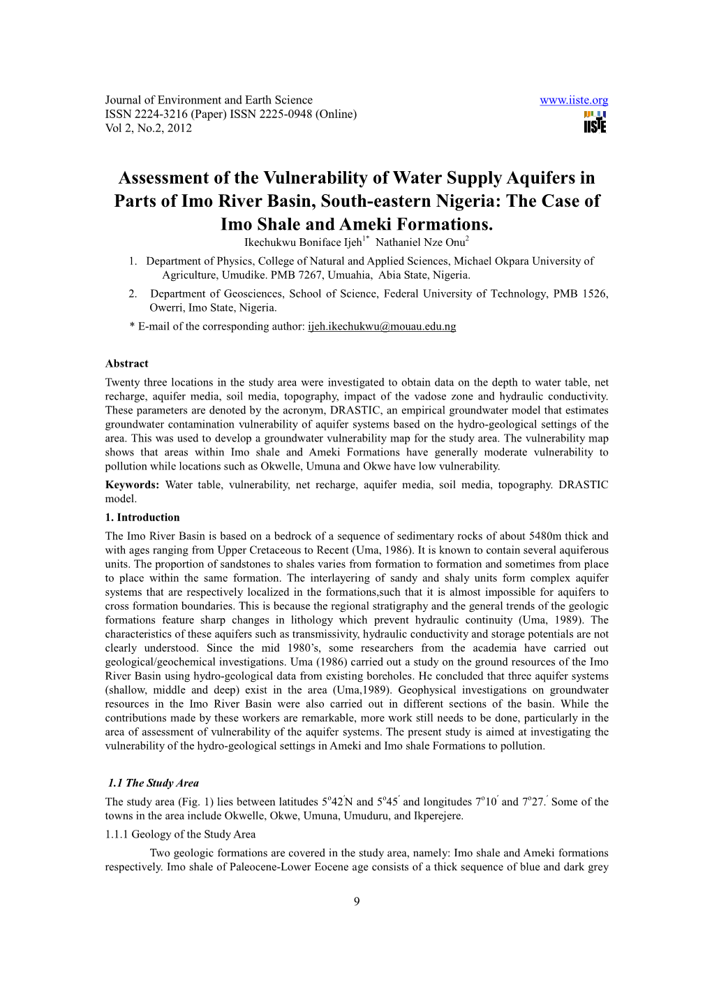 Assessment of the Vulnerability of Water Supply Aquifers in Parts of Imo River Basin, South-Eastern Nigeria: the Case of Imo Shale and Ameki Formations