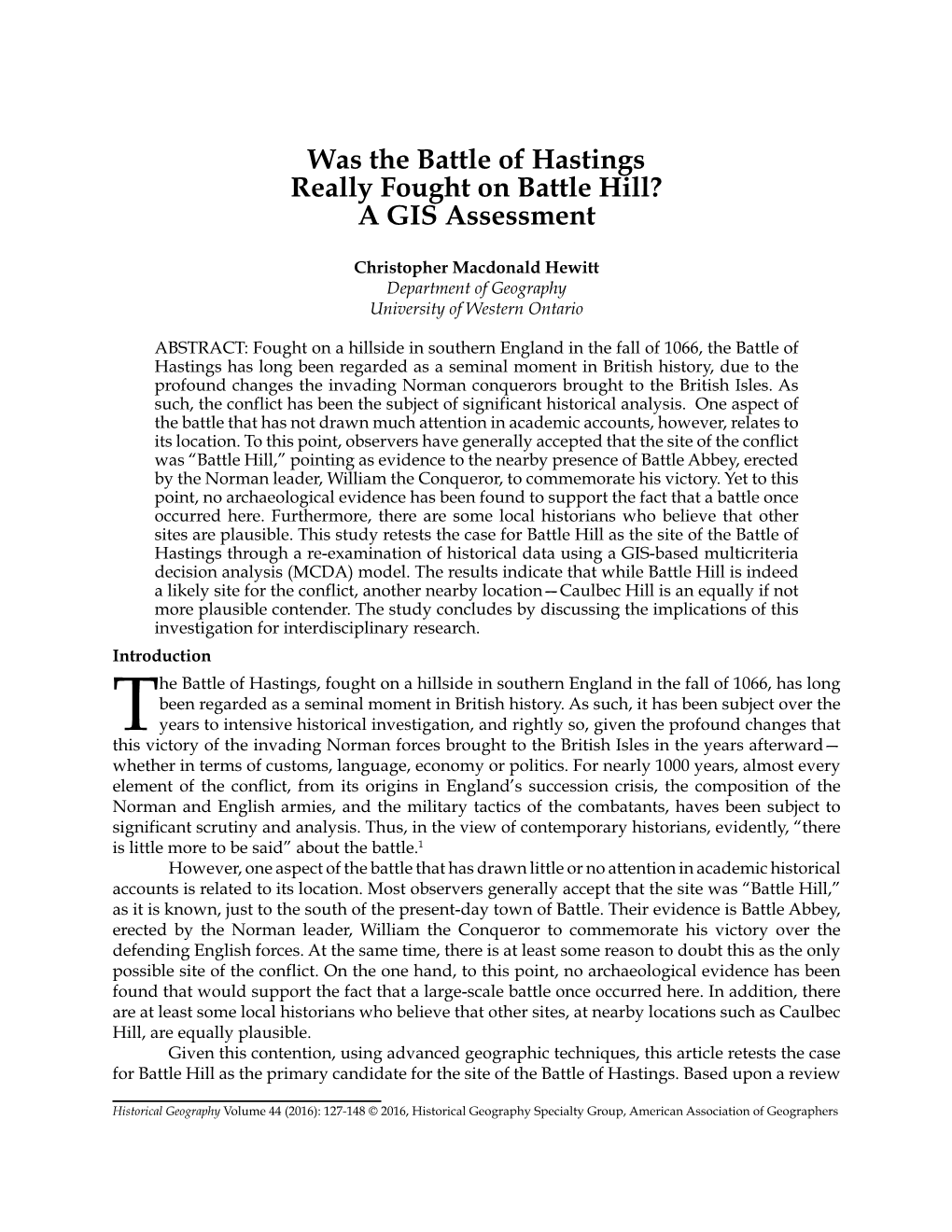 Was the Battle of Hastings Really Fought on Battle Hill? a GIS Assessment