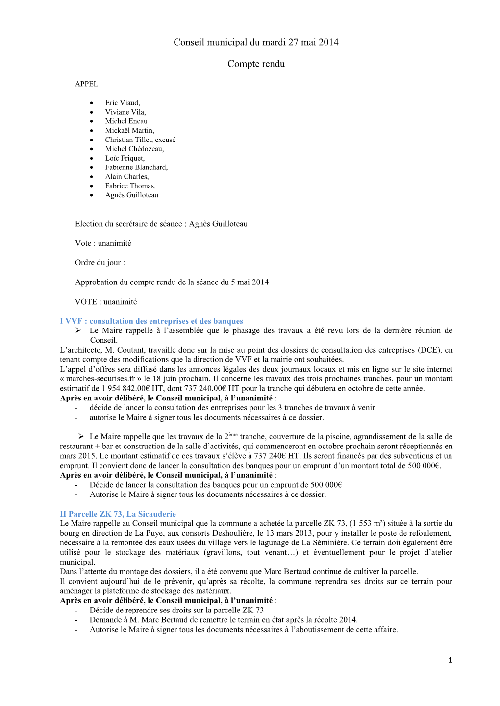 Conseil Municipal Du Mardi 27 Mai 2014 Compte Rendu