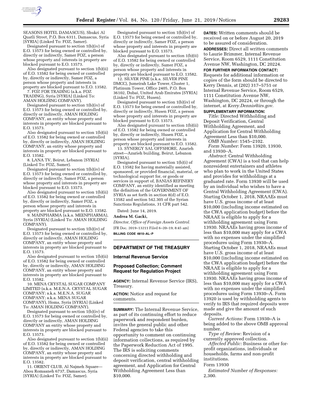 Federal Register/Vol. 84, No. 120/Friday, June 21, 2019/Notices