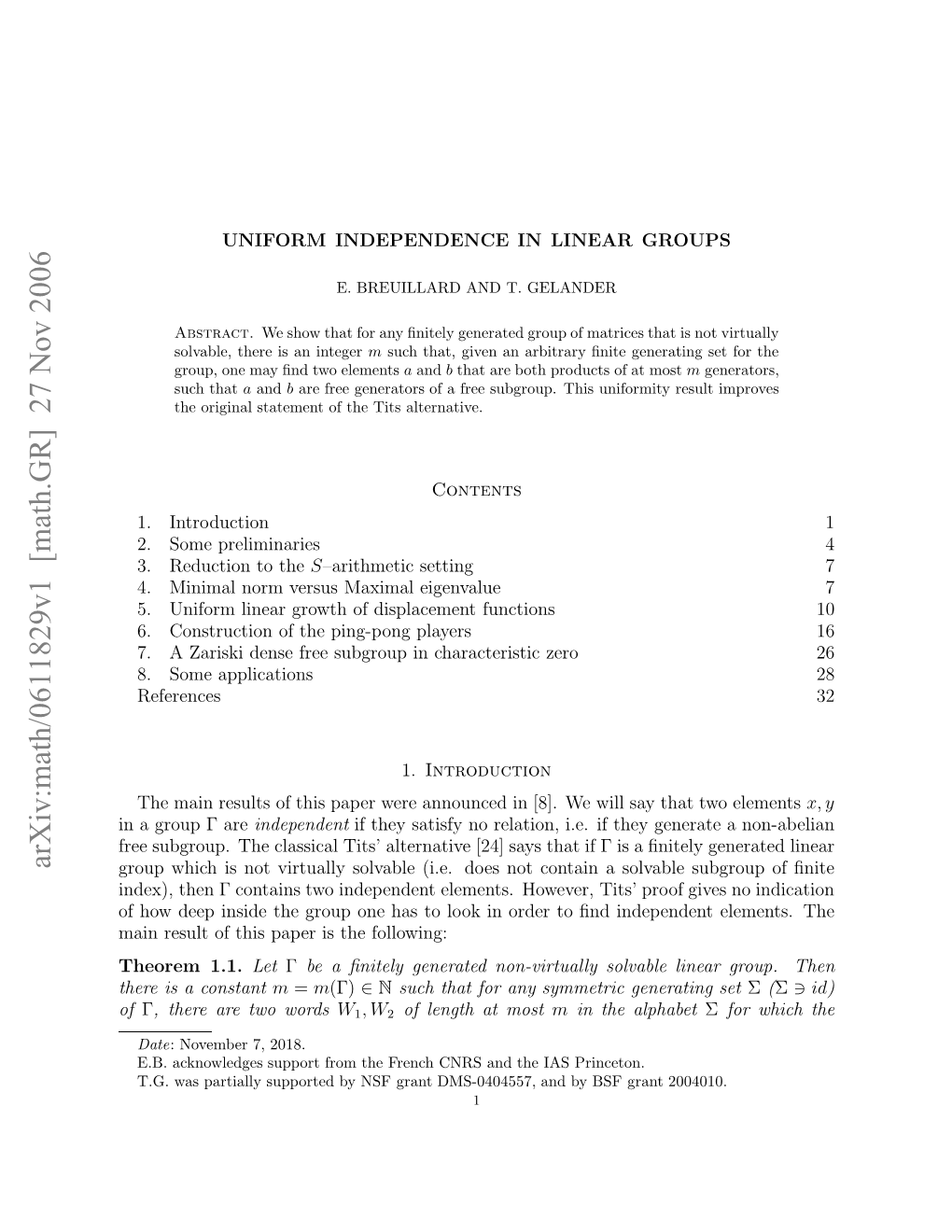 Arxiv:Math/0611829V1 [Math.GR] 27 Nov 2006 of Hr Saconstant a Is There Nagopγare Γ Group a in Fhwde Nietegopoehst Oki Re Oﬁdindepende ﬁnd to Order in Following: 1.1