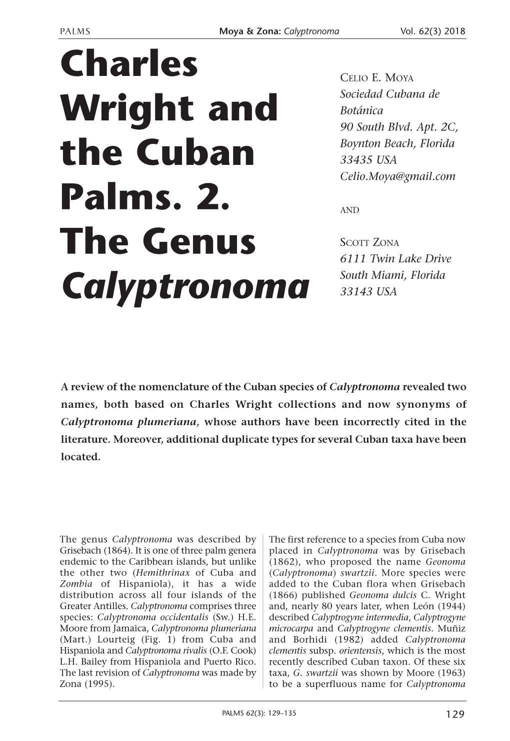 Charles Wright and the Cuban Palms. 2. the Genus Calyptronoma