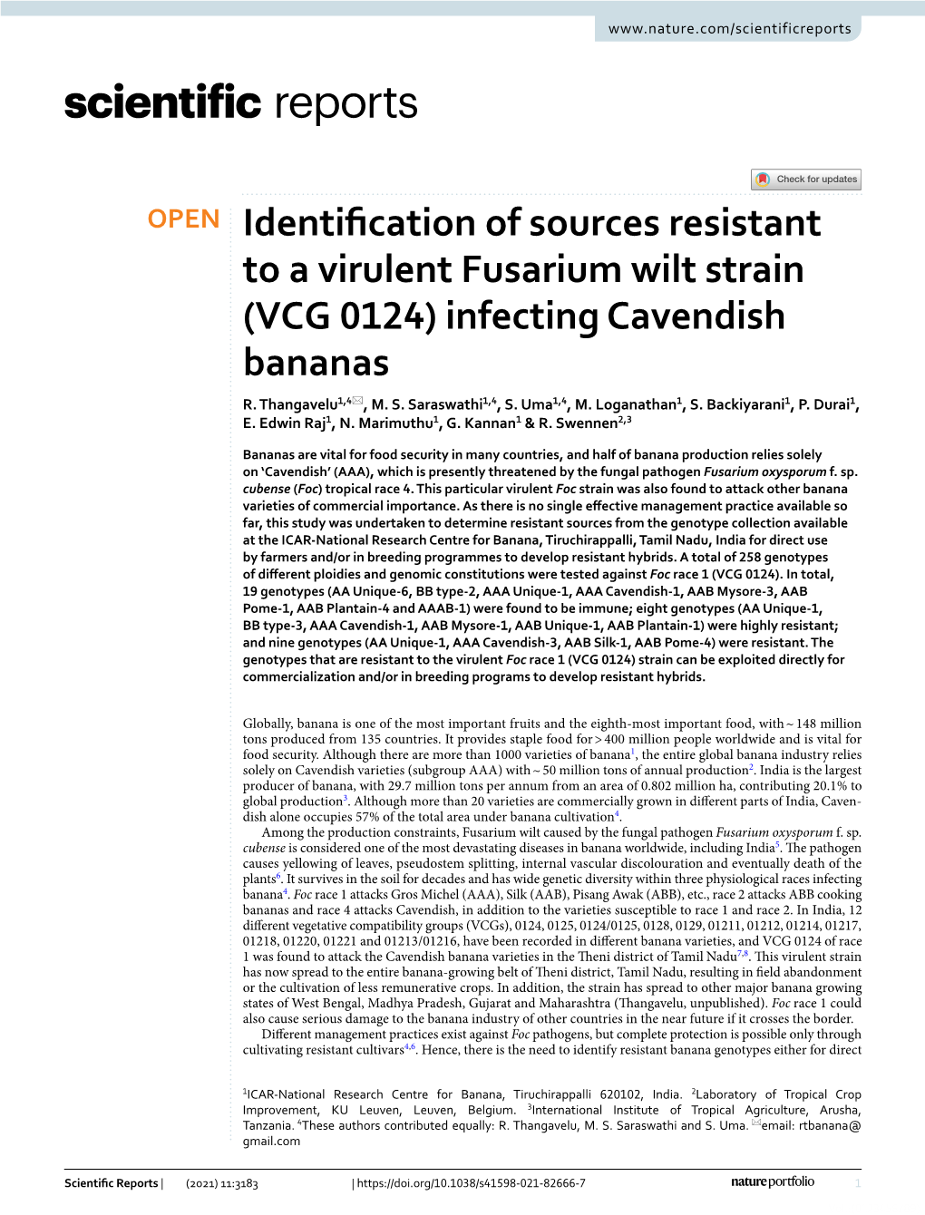 Identification of Sources Resistant to a Virulent Fusarium Wilt Strain (VCG 0124) Infecting Cavendish Bananas