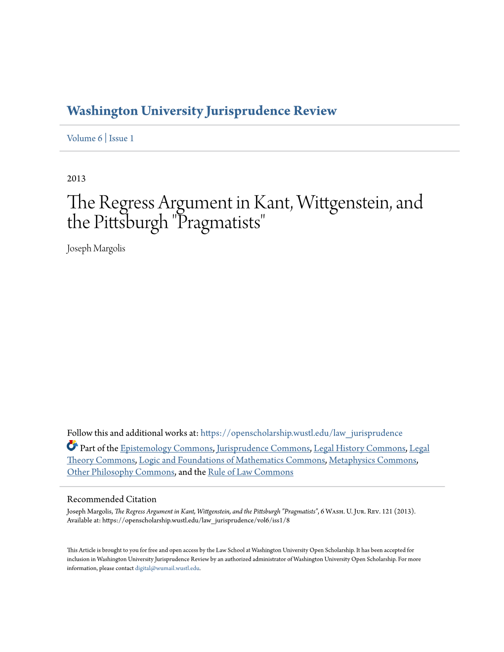 The Regress Argument in Kant, Wittgenstein, and the Pittsburgh 