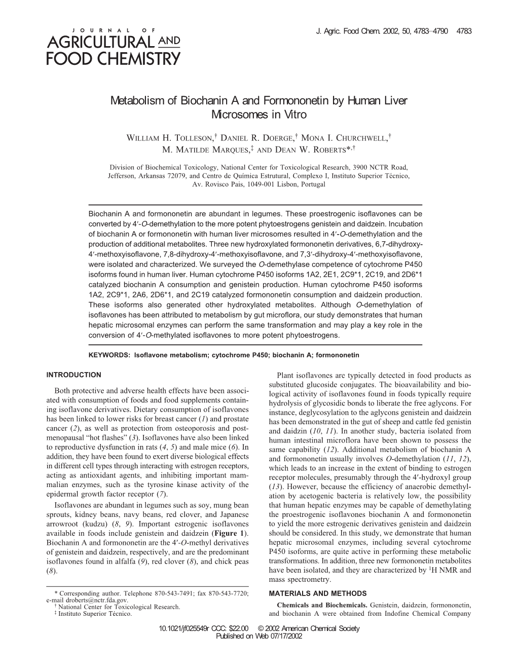 Metabolism of Biochanin a and Formononetin by Human Liver Microsomes in Vitro