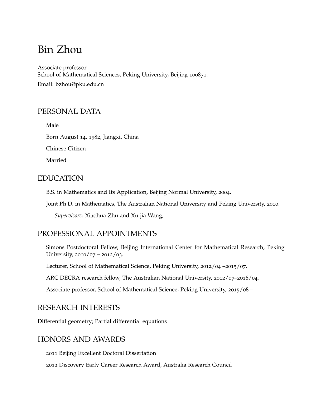 Bin Zhou: Curriculum Vitae