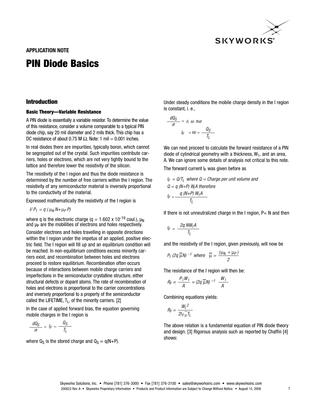 Application Notes PIN Diode Basics