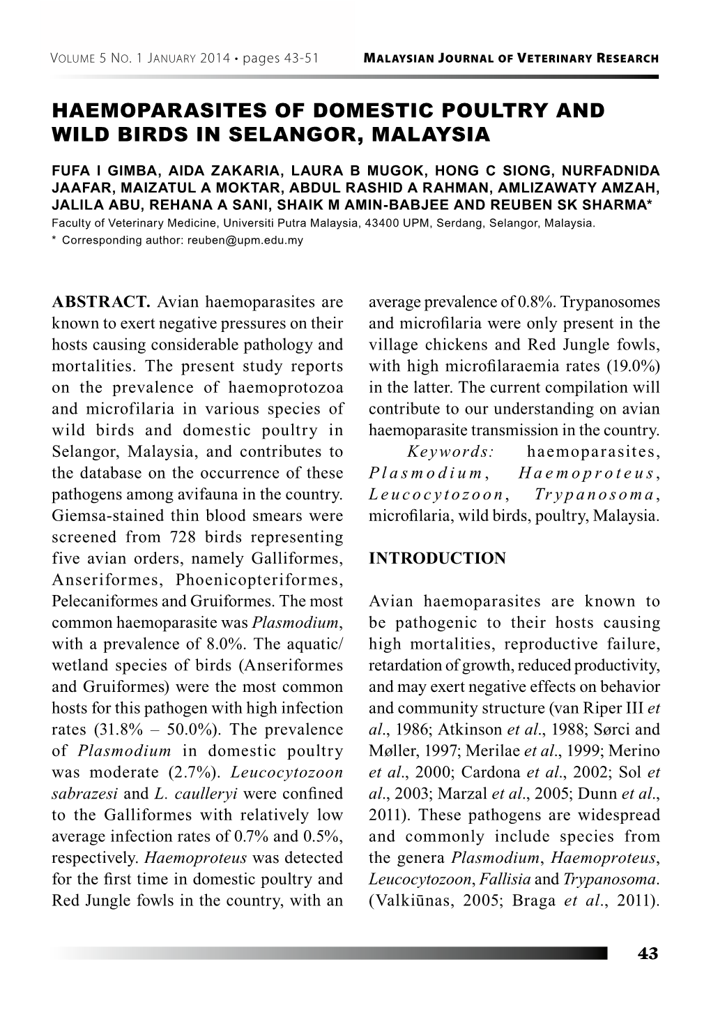 Haemoparasites of Domestic Poultry and Wild Birds in Selangor, Malaysia