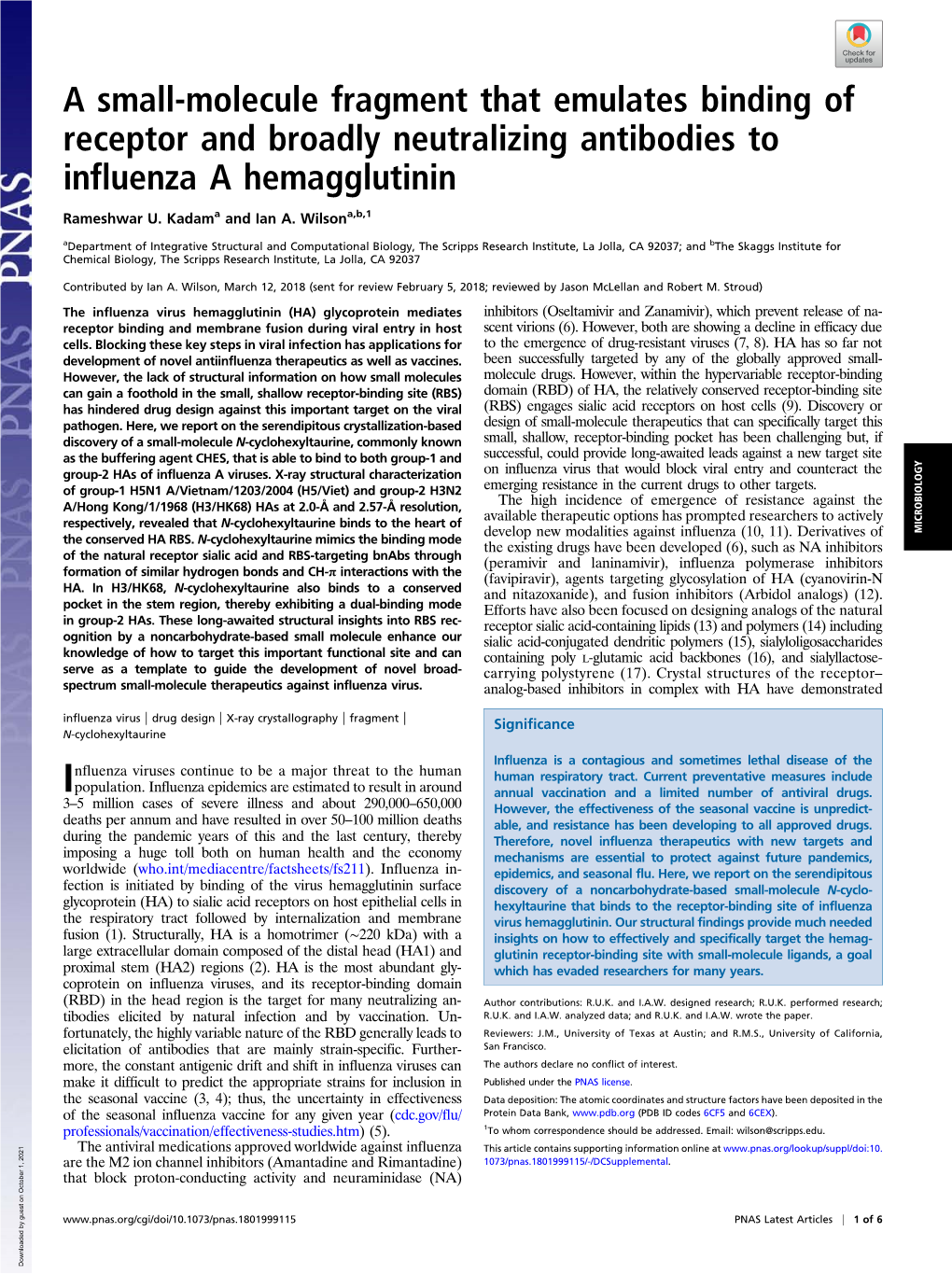 A Small-Molecule Fragment That Emulates Binding of Receptor and Broadly Neutralizing Antibodies to Influenza a Hemagglutinin