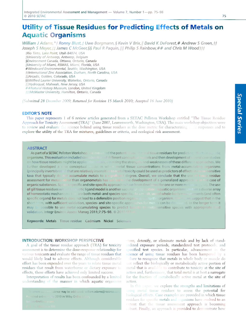 Utility of Tissue Residues for Predicting Effects of Metals on Aquatic Organisms