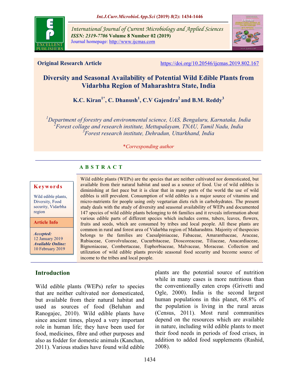 Diversity and Seasonal Availability of Potential Wild Edible Plants from Vidarbha Region of Maharashtra State, India