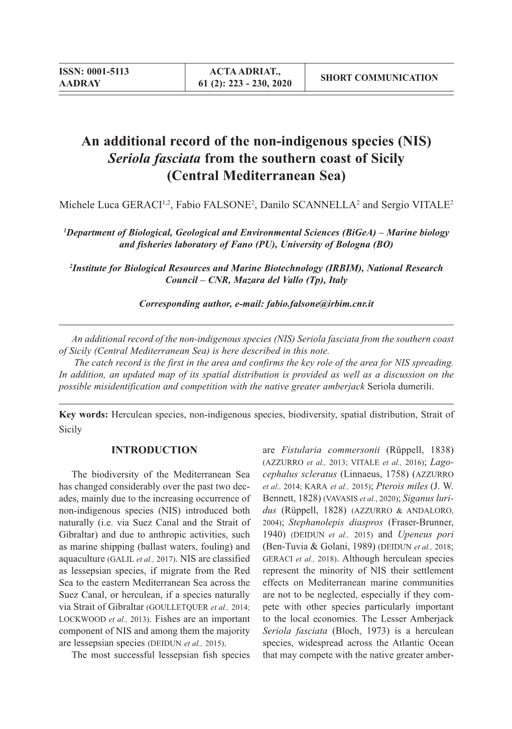 An Additional Record of the Non-Indigenous Species (NIS) Seriola Fasciata from the Southern Coast of Sicily (Central Mediterranean Sea)