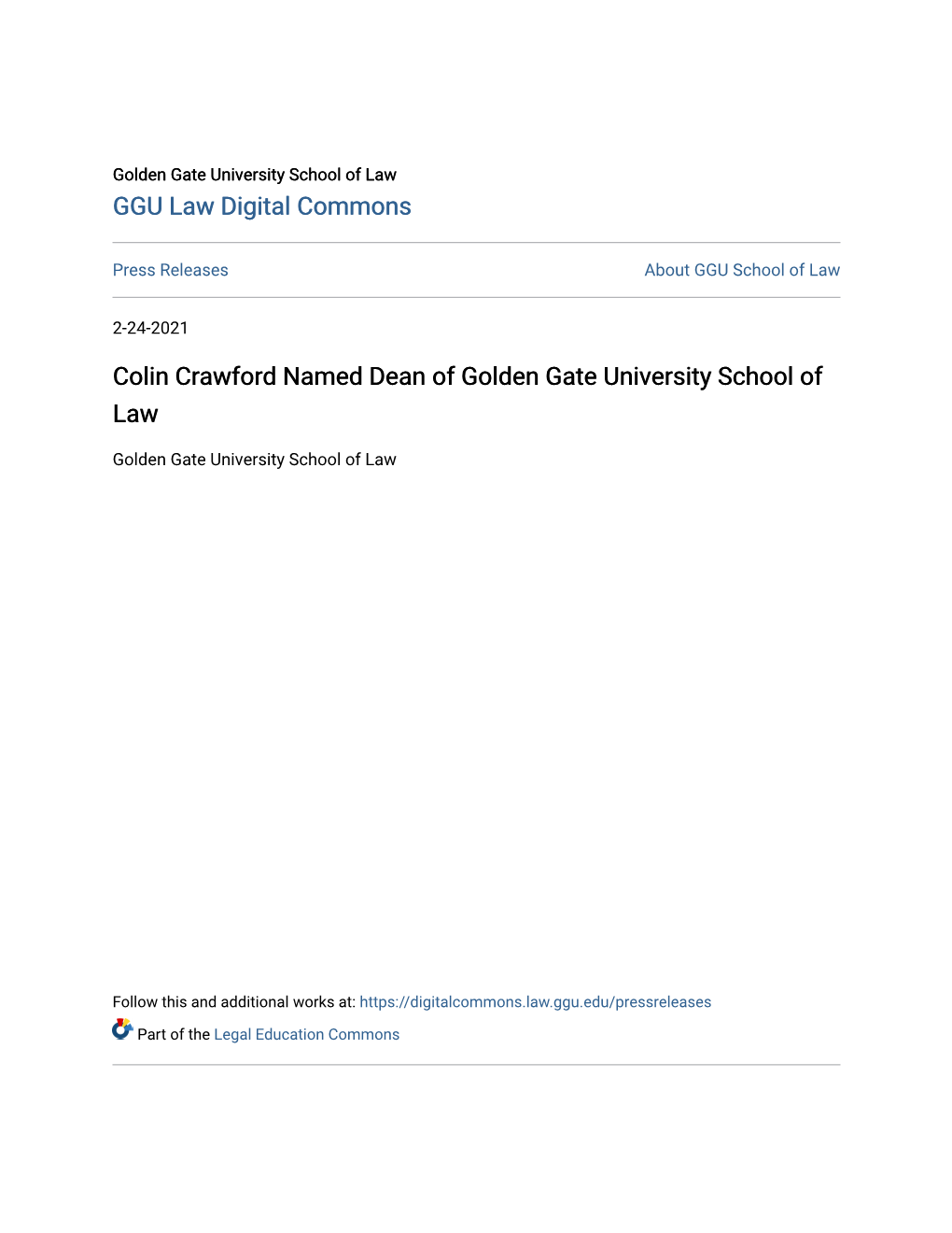 Colin Crawford Named Dean of Golden Gate University School of Law