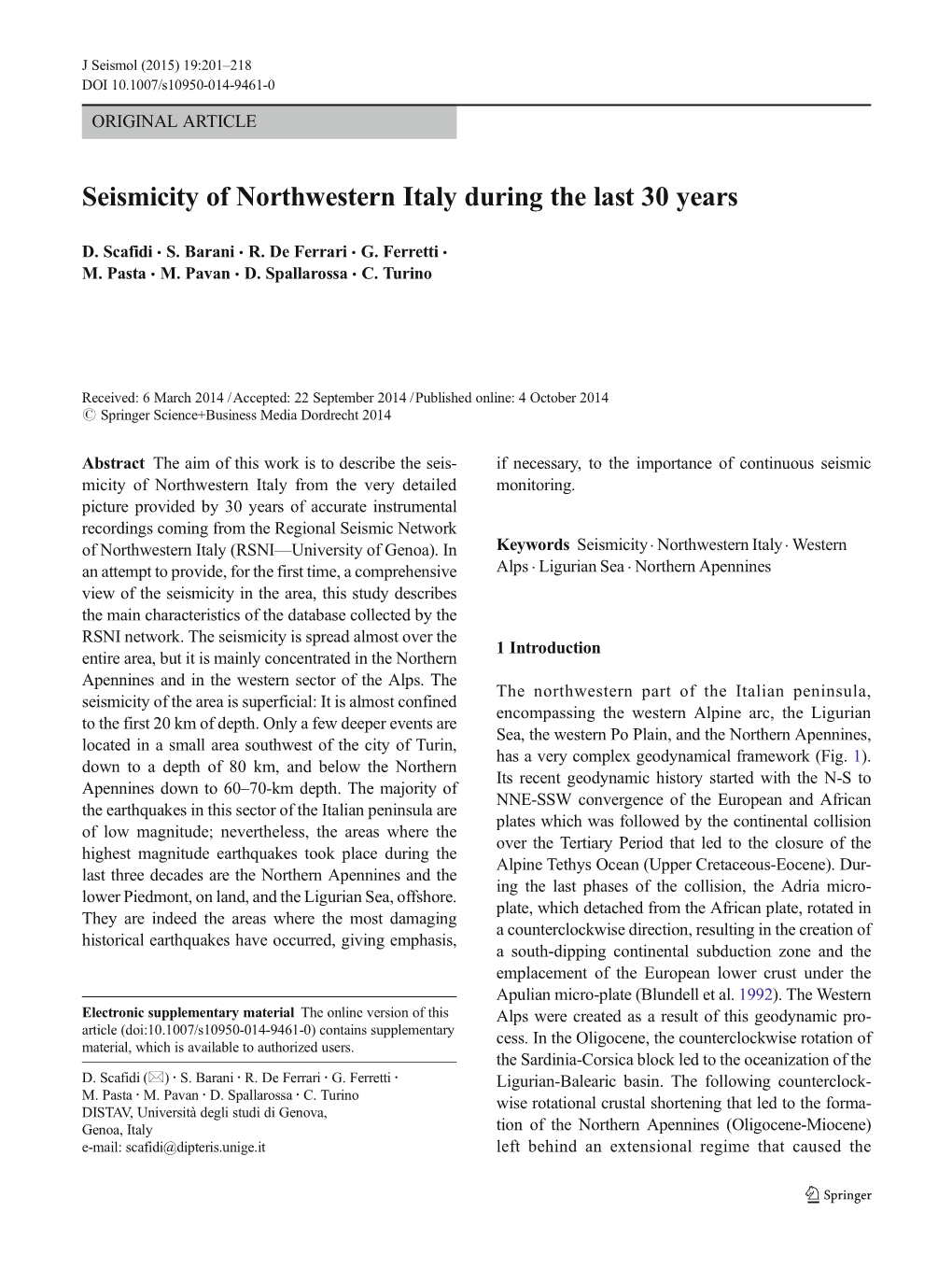 Seismicity of Northwestern Italy During the Last 30 Years