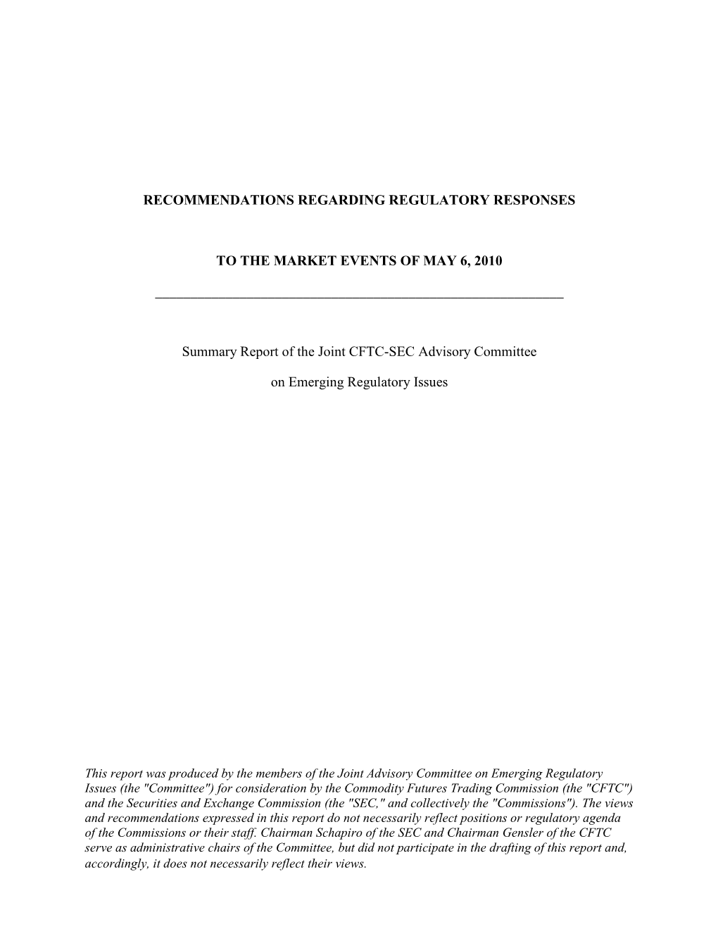 Summary Report of the Joint CFTC-SEC Advisory Committee