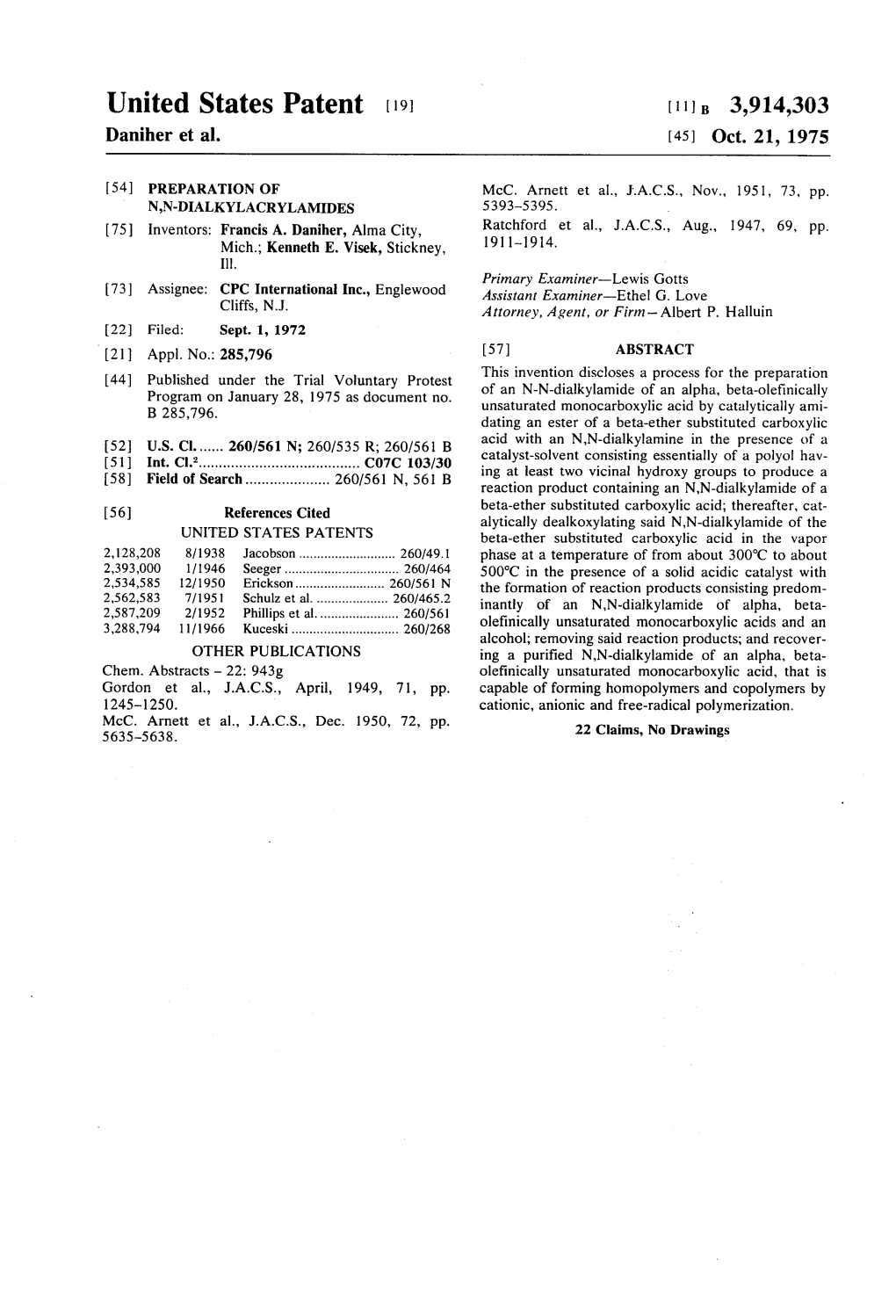 United States Patent (19) ( 11) B 3,914,303 Daniher Et Al