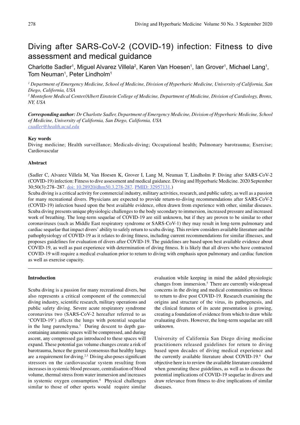 Diving After SARS-Cov-2 (COVID-19) Infection: Fitness to Dive