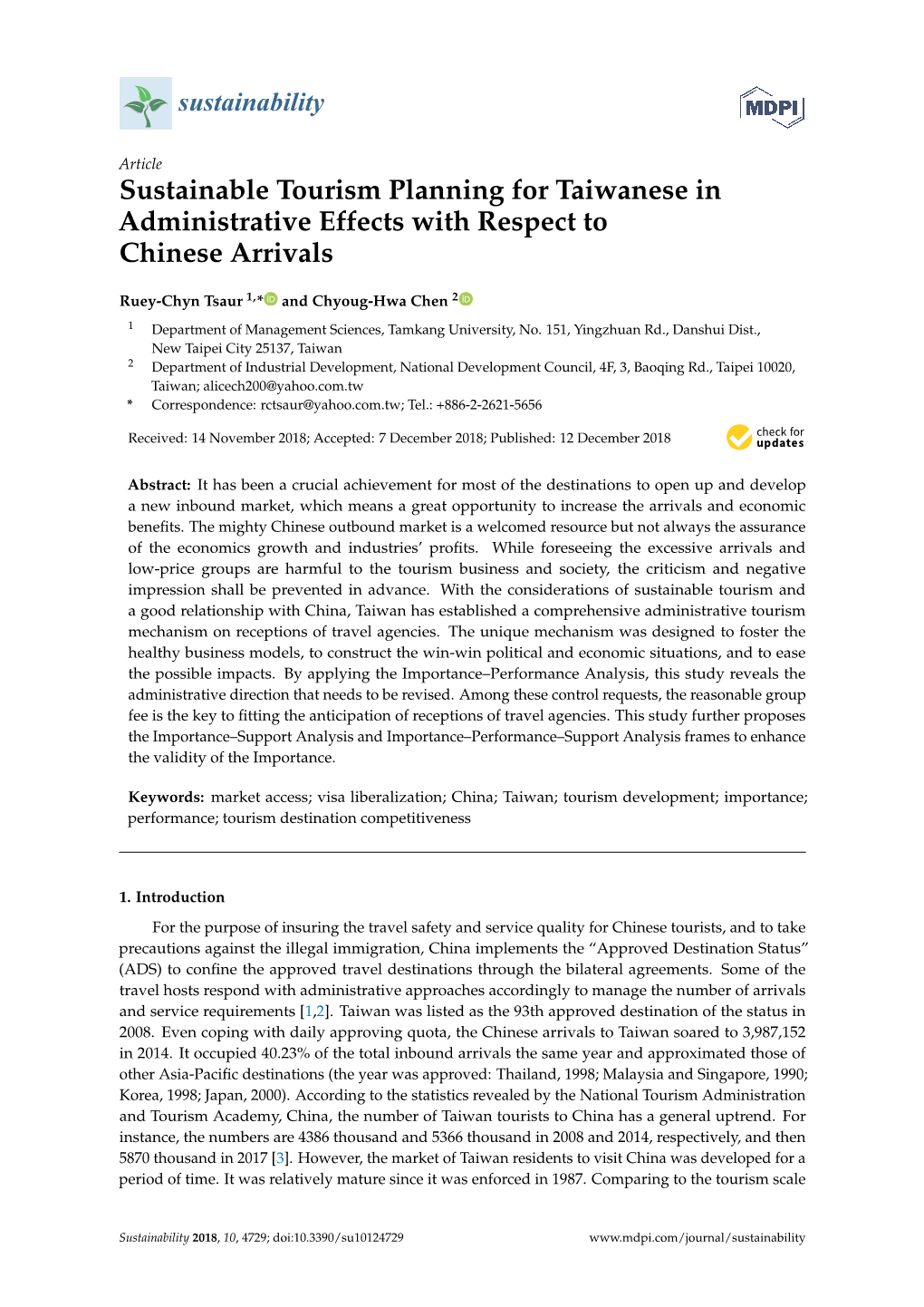 Sustainable Tourism Planning for Taiwanese in Administrative Effects with Respect to Chinese Arrivals