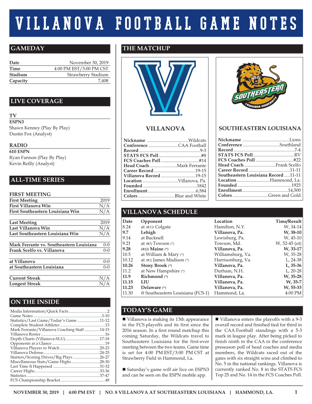 VILLANOVA FOOTBALL Game Notes