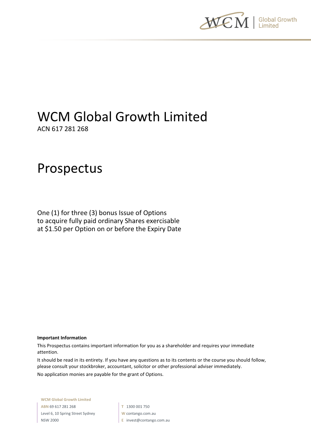 WCM Global Growth Limited Prospectus