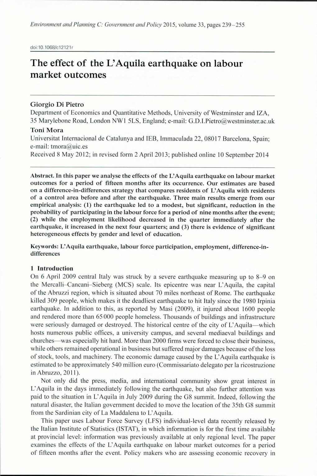 The Effect of the L'aquila Earthquake on Labour Market Outcomes