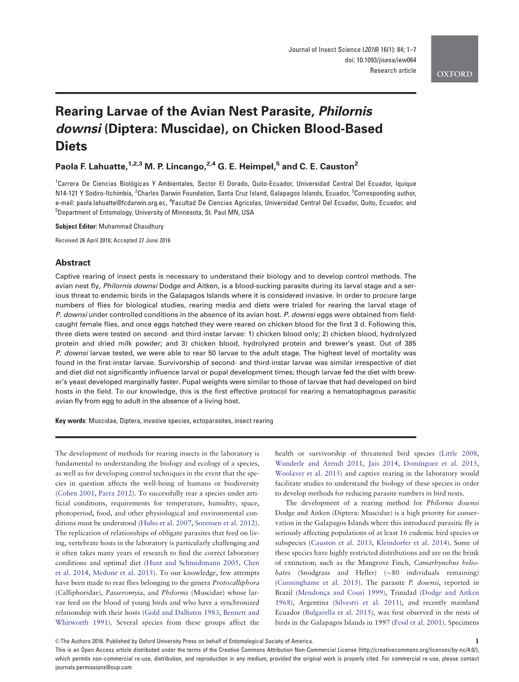 Rearing Larvae of the Avian Nest Parasite, Philornis Downsi (Diptera: Muscidae), on Chicken Blood-Based Diets