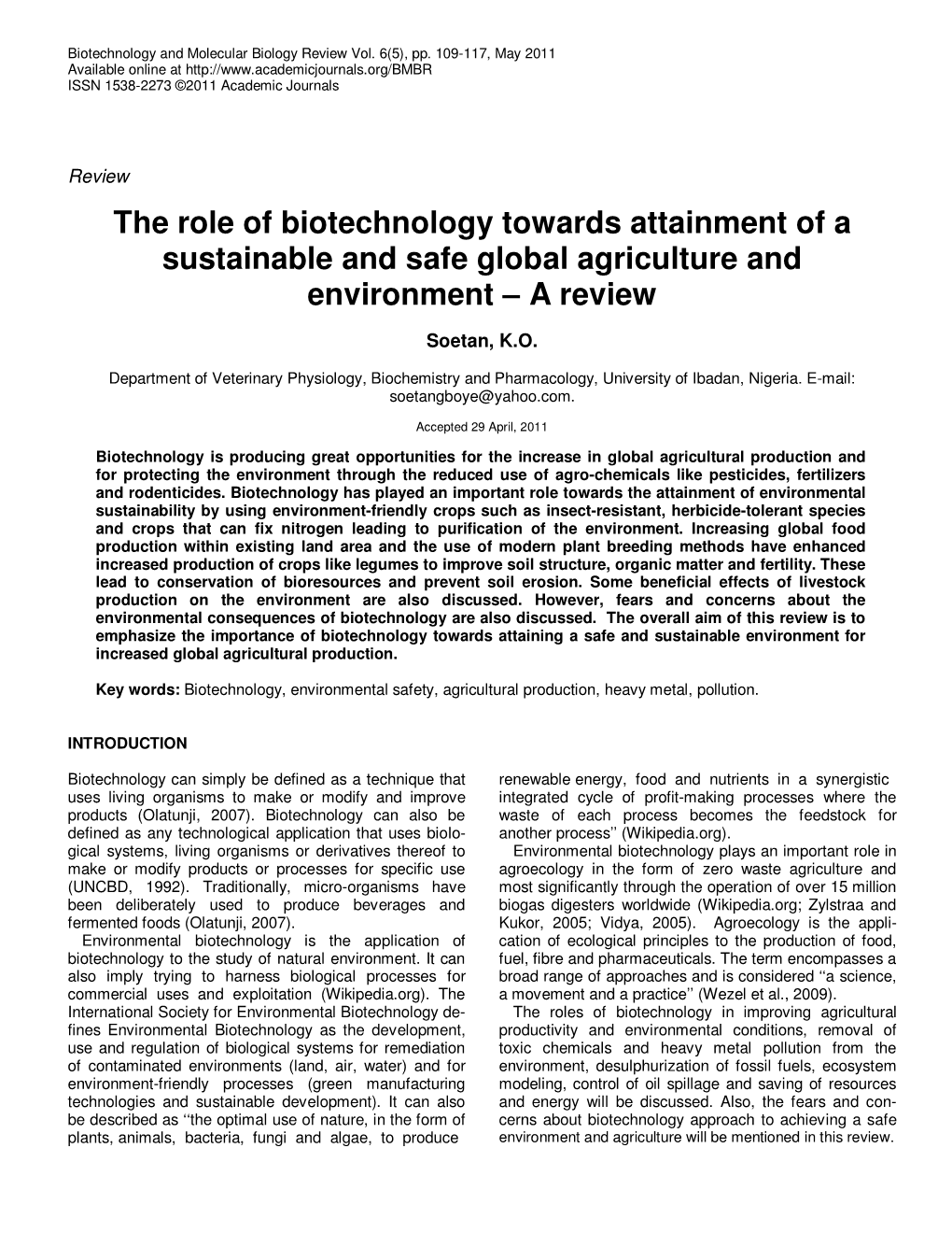 The Role of Biotechnology Towards Attainment of a Sustainable and Safe Global Agriculture and Environment – a Review
