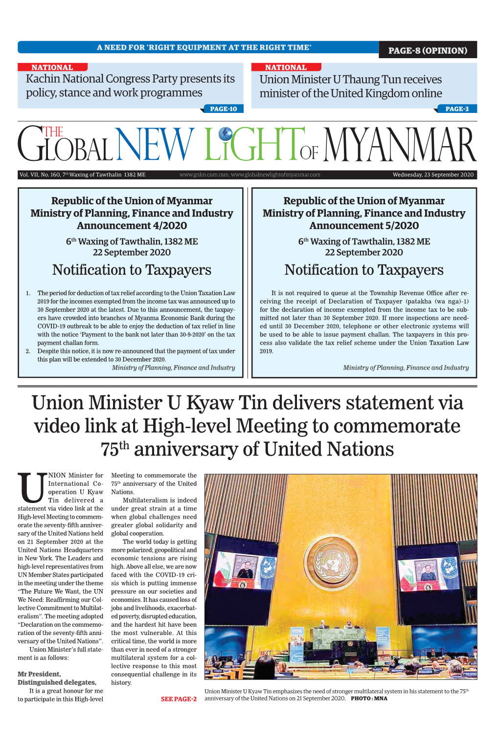 Union Minister U Kyaw Tin Delivers Statement Via Video Link at High-Level Meeting to Commemorate 75Th Anniversary of United Nations
