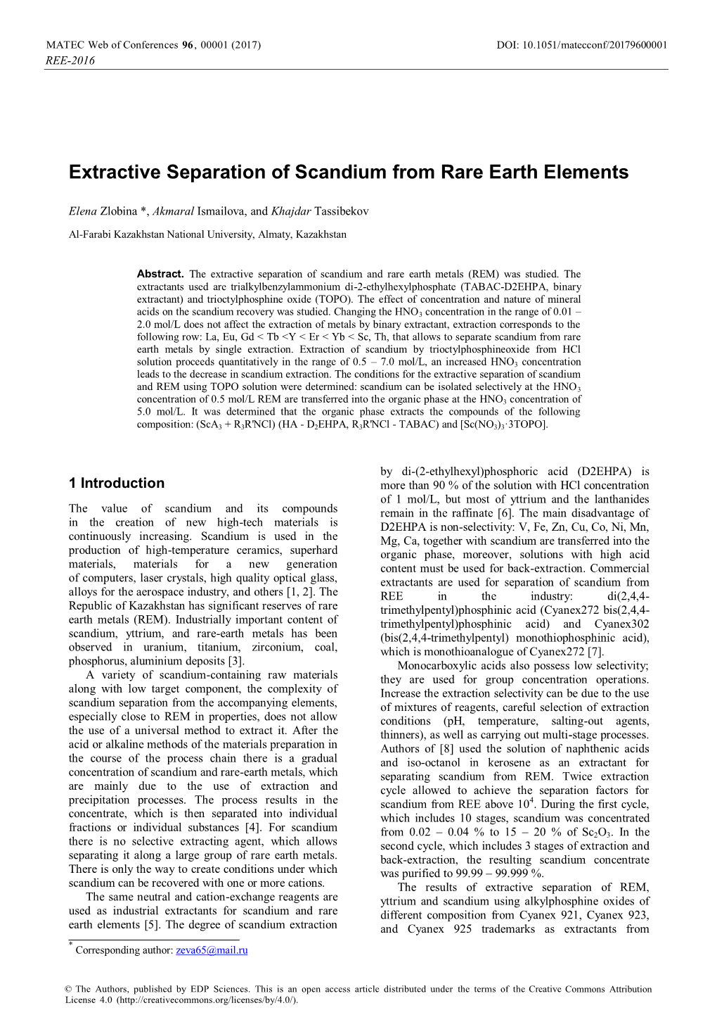 Extractive Separation of Scandium from Rare Earth Elements