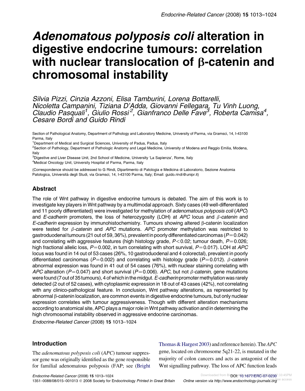 Adenomatous Polyposis Coli Alteration in Digestive Endocrine Tumours: Correlation with Nuclear Translocation of B-Catenin and Chromosomal Instability