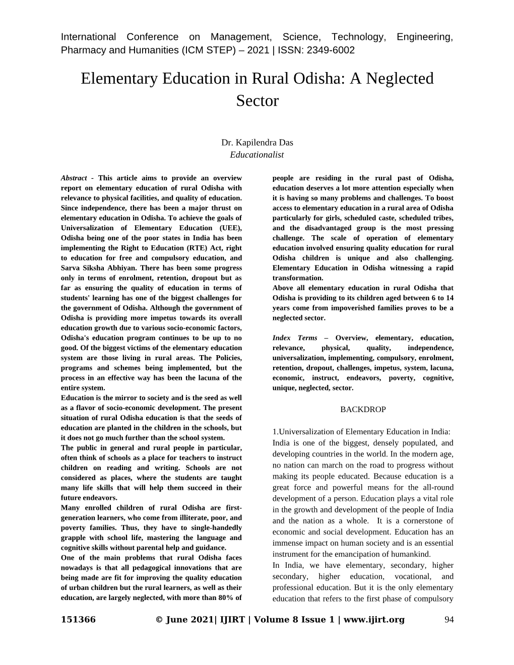 Elementary Education in Rural Odisha: a Neglected Sector