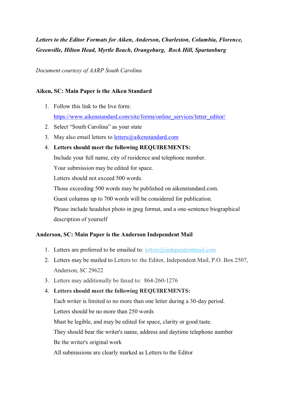 Letters to the Editor Formats for Aiken, Anderson, Charleston, Columbia, Florence, Greenville, Hilton Head, Myrtle Beach, Orangeburg, Rock Hill, Spartanburg