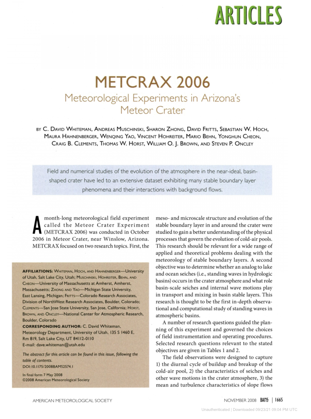 METCRAX 2006 Meteorological Experiments in Arizona's Meteor Crater