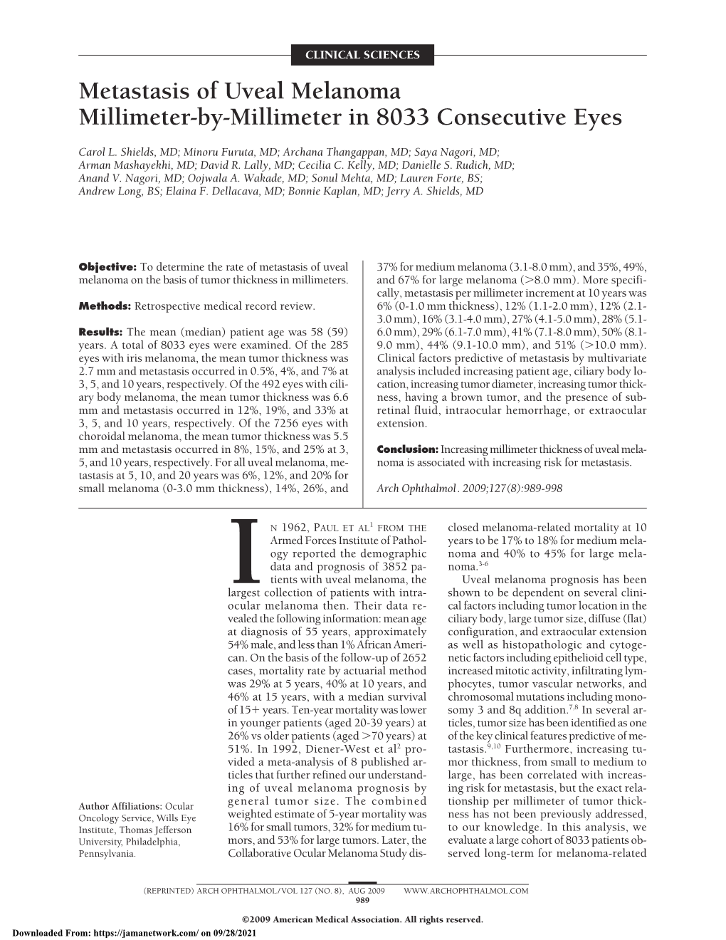 Metastasis of Uveal Melanoma Millimeter-By-Millimeter in 8033 Consecutive Eyes