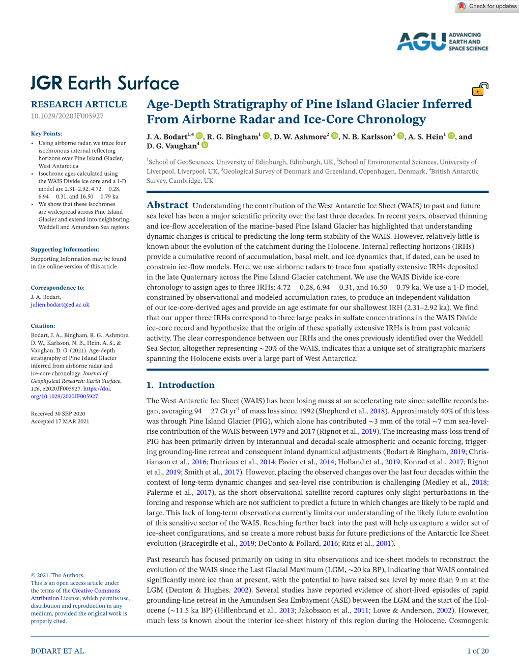 Age-Depth Stratigraphy of Pine Island Glacier Inferred from Airborne 6 Radar and Ice-Core Chronology 7 8 J