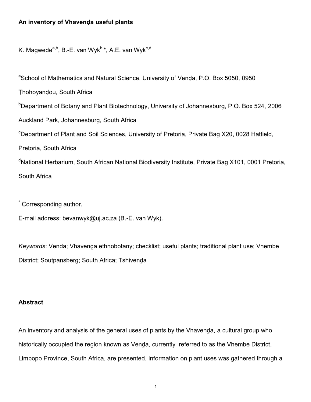 An Inventory of Vhavenḓa Useful Plants K. Magwede , B