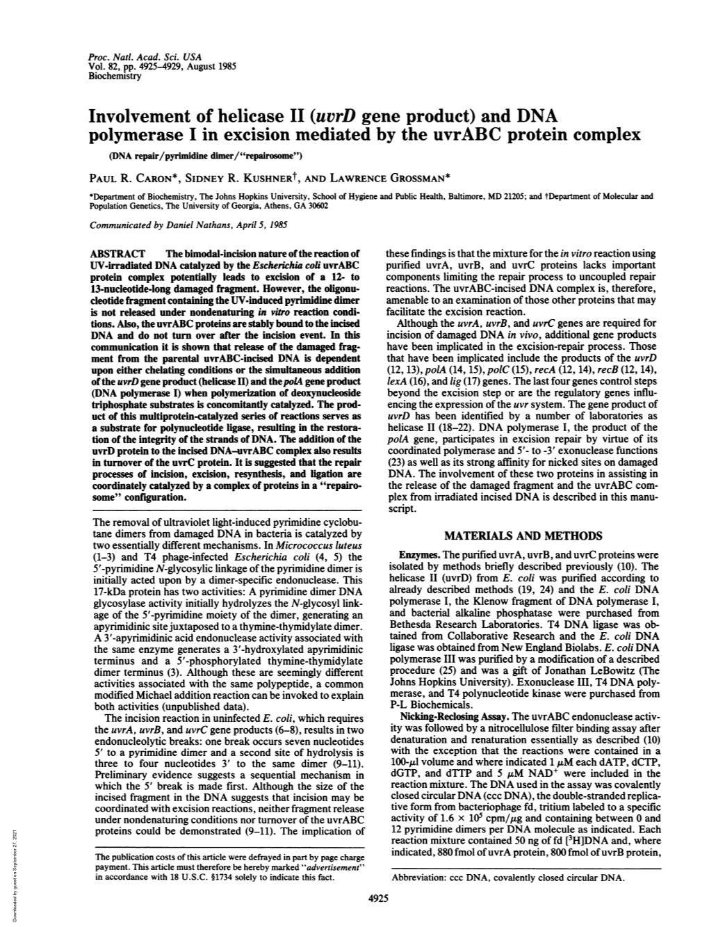 (Uvrd Gene Product) Anddna Polymerase I in Excision Mediated by the Uvrabc Protein Complex