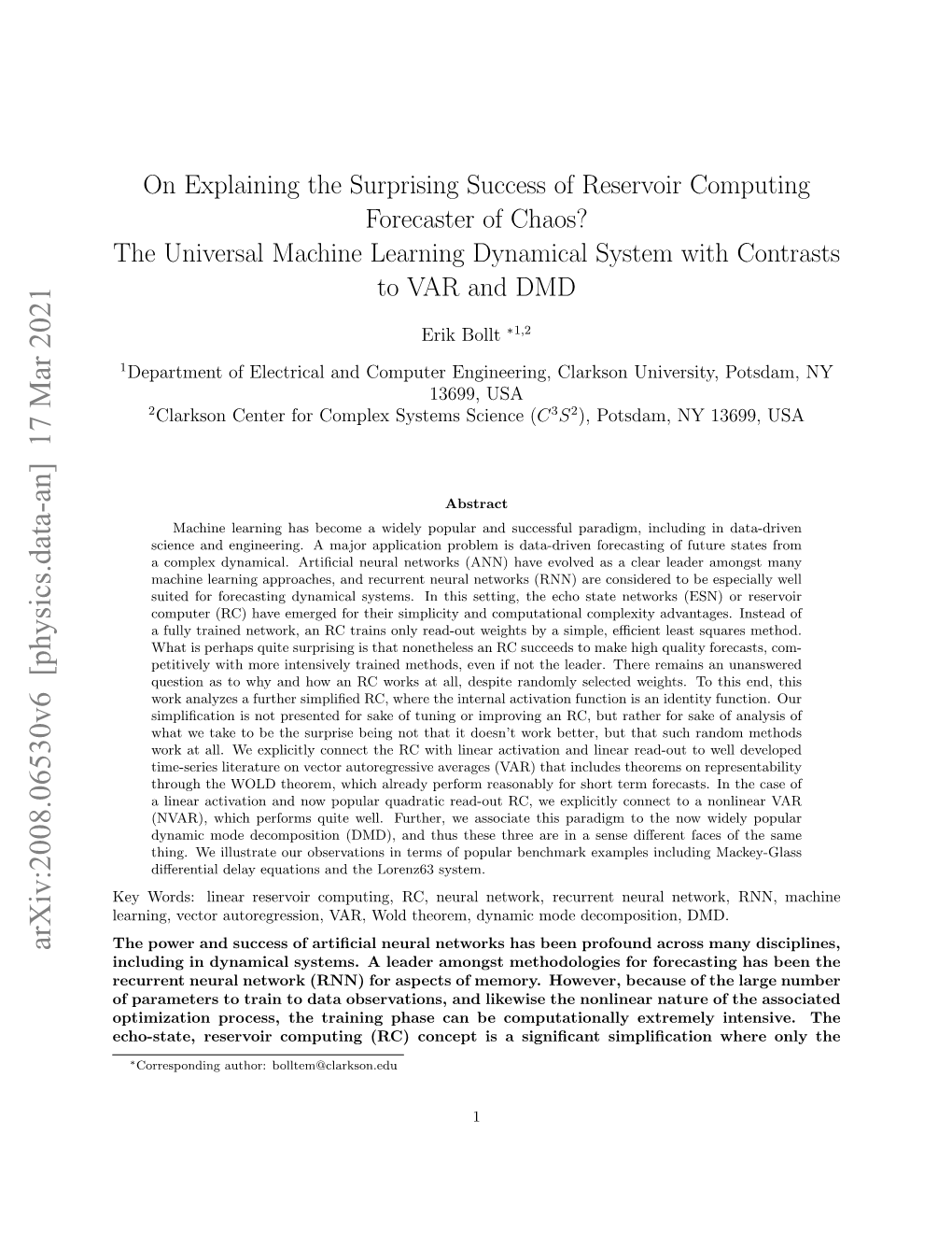 The Universal Machine Learning Dynamical System with Contrasts to VAR and DMD