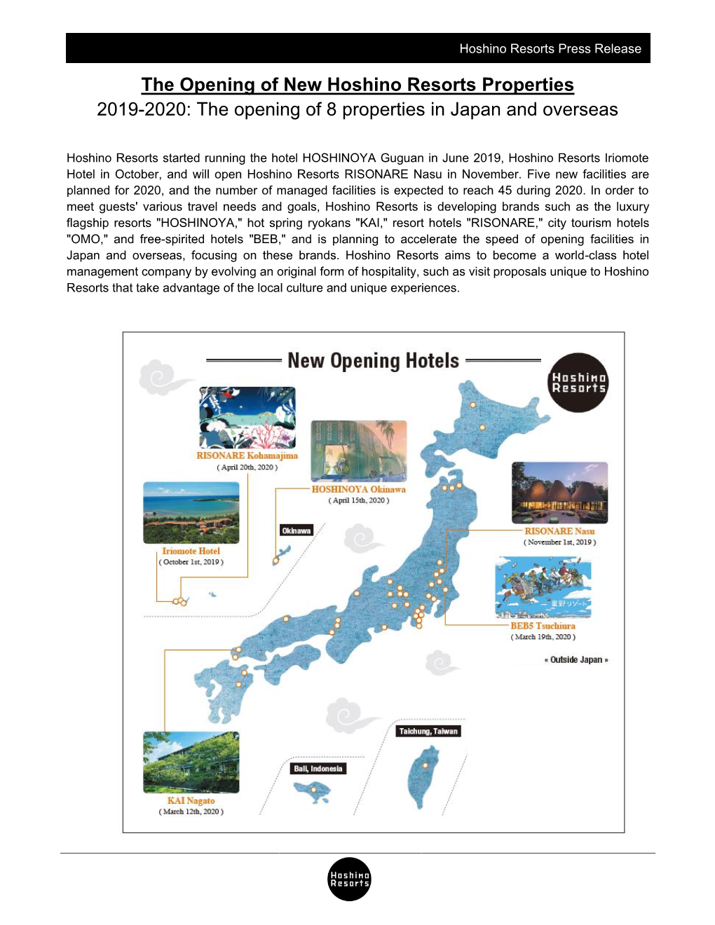 The Opening of New Hoshino Resorts Properties 2019-2020: the Opening of 8 Properties in Japan and Overseas