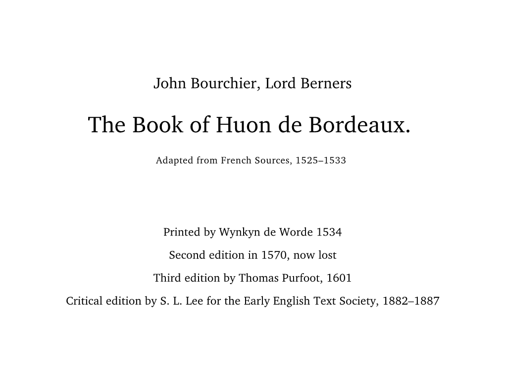 The Book of Huon De Bordeaux