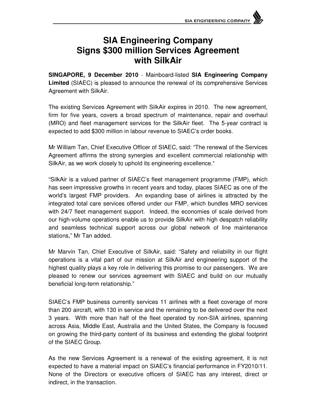 SIA Engineering Company Signs $300 Million Services Agreement with Silkair