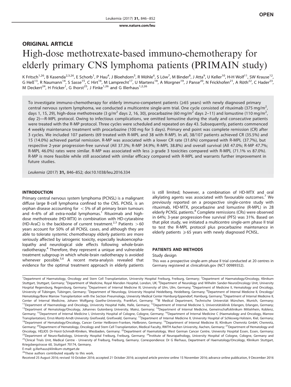 High-Dose Methotrexate-Based Immuno-Chemotherapy for Elderly Primary CNS Lymphoma Patients (PRIMAIN Study)