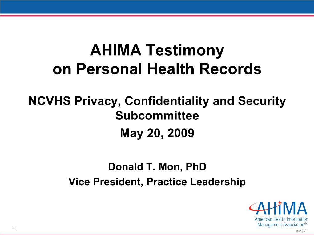 AHIMA Testimony on Personal Health Records